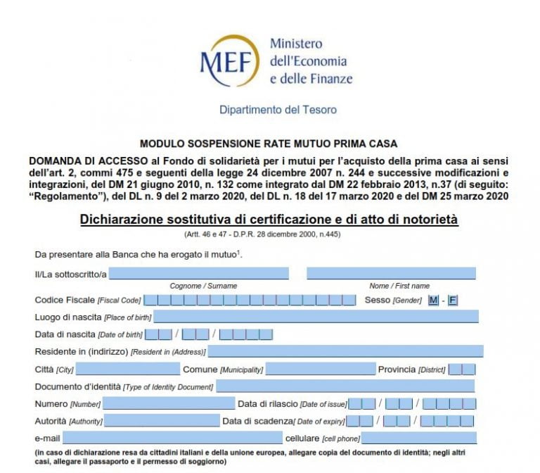 Modulo sospensione mutuo prima casa da compilare